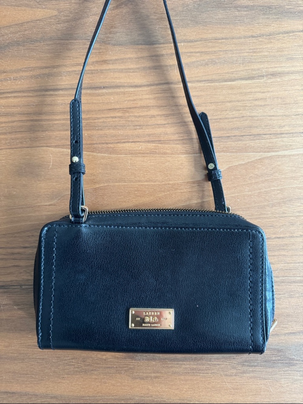 Lauren Ralph Lauren Black Leather Crossbody Wallet with Gold Plaque